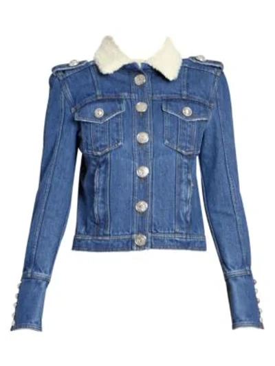 Shop Balmain Faux Shearling Collar Raw Denim Jacket In Blue Jean