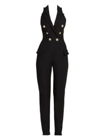 Shop Balmain Sleeveless Double-breasted Wool-blend Jumpsuit In Black