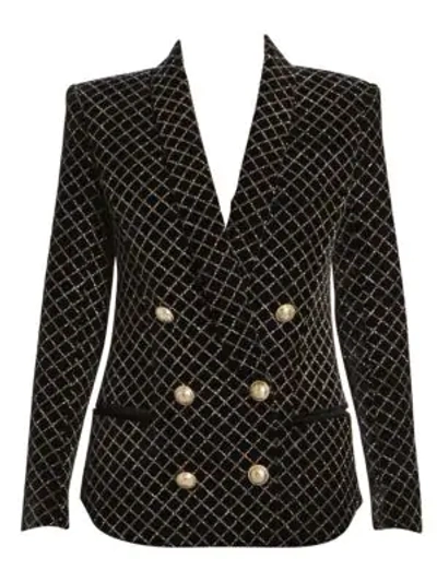 Shop Balmain 6-button Glitter Grid Double-breasted Pajama Jacket In Black