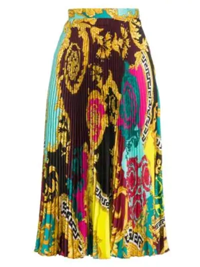 Shop Versace Baroque Pleated Midi Skirt In Multi