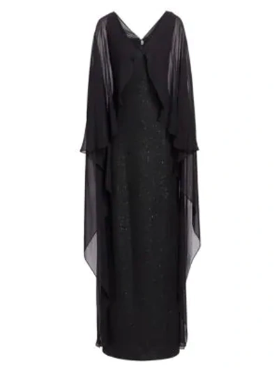 Shop St John Women's Cape Overlay V-neck Column Gown In Caviar