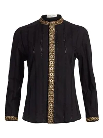 Shop Saint Laurent Embellished-trim Illusion Stripe Blouse In Black