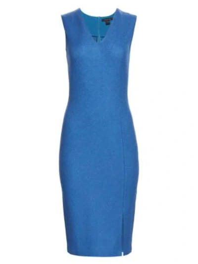 Shop St John Sarga Stretch Wool V-neck Sleeveless Sheath Dress In Blue