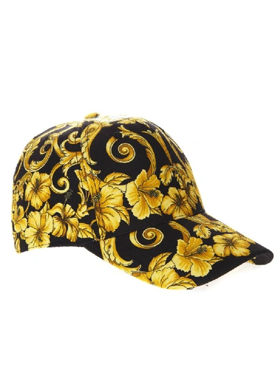 Shop Versace Black & Gold Baroque Baseball Cotton Hat In Black/gold