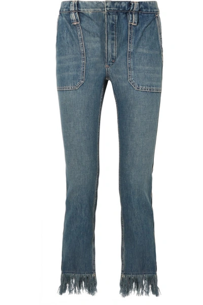 Shop Chloé Cropped Fringed Mid-rise Slim-leg Jeans In Indigo