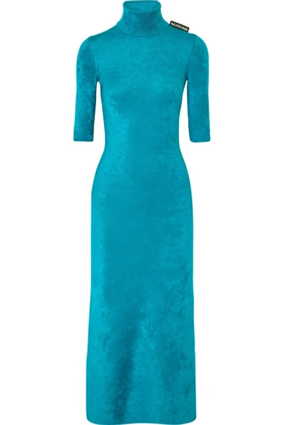 Shop Balenciaga Stretch-velvet Turtleneck Midi Dress In Blue