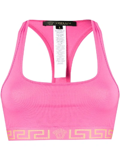 Shop Versace Greca Border Sports Bra In A1708 Fucsia