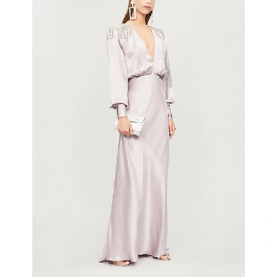 Shop Alessandra Rich Embellished Long Sleeved V-neck Silk Maxi Dress In Glicine Grey