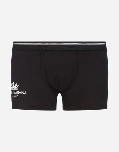 Shop Dolce & Gabbana Boxers In Stretch Cotton Pima With Crown Print In Black