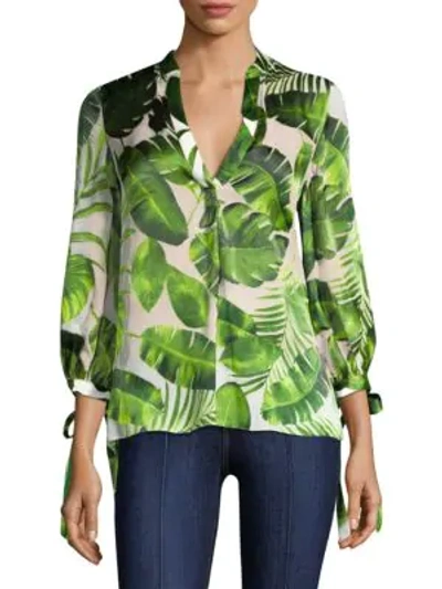 Shop Alice And Olivia Sheila Leaf-print Blouson-sleeve Top In Green Multi