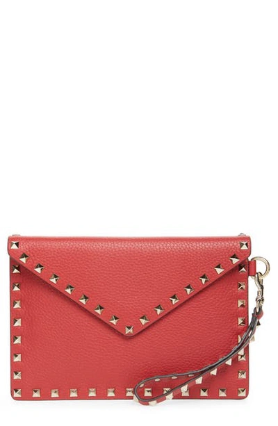 Shop Valentino Medium Rockstud Leather Envelope Pouch - Red In Rosso V