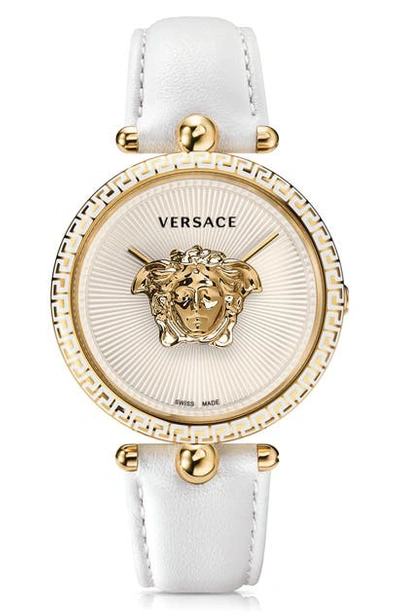 Shop Versace Palazzo Empire Leather Strap Watch, 39mm In White/ Gold