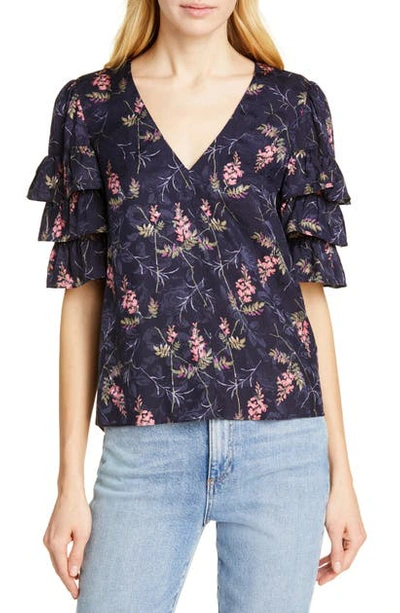Shop Rebecca Taylor Tiered Ruffle Sleeve Silk Blend Blouse In Navy Combo