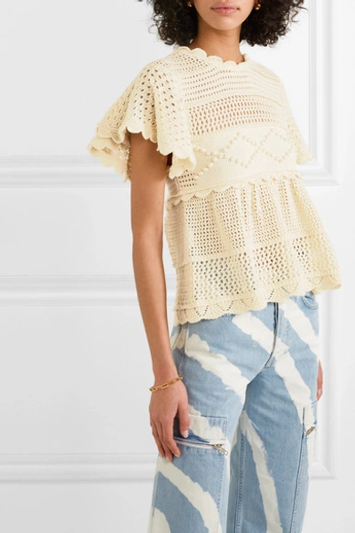 Shop Alexa Chung Open-back Scalloped Crochet-knit Cotton-blend Top In Ecru