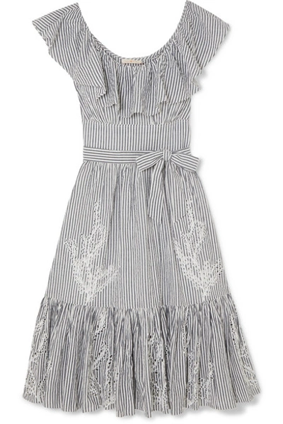 Shop Tory Burch Ruffled Striped Broderie Anglaise Cotton-seersucker Dress In Blue