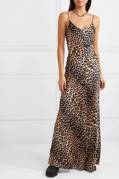 Ganni Leopard-print Stretch-silk Satin Maxi Dress In Brown | ModeSens