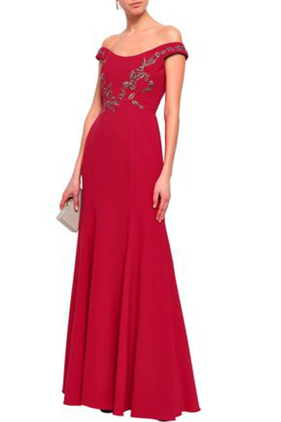 Shop Marchesa Notte Off-the-shoulder Embellished Cady Gown In Red