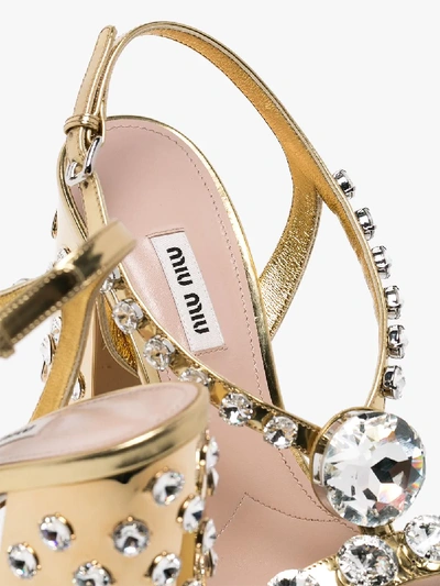 Shop Miu Miu Metallic Gold 105 Crystal Embellished Patent Leather Sandals