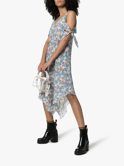 Shop Delada Floral Print Cold-shoulder Silk Midi Dress In Josephine Blue