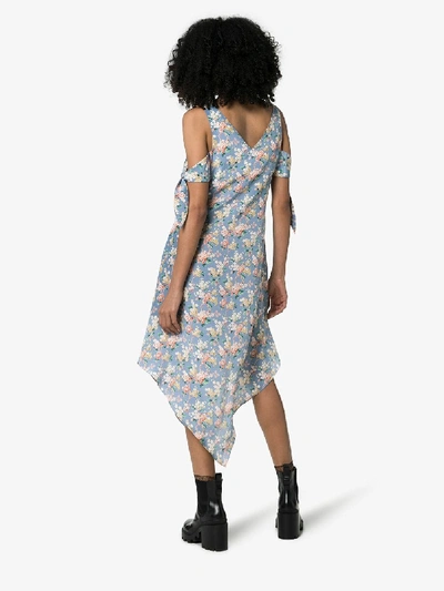 Shop Delada Floral Print Cold-shoulder Silk Midi Dress In Josephine Blue
