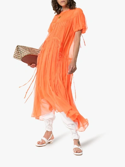 Shop Lee Mathews Emily Ruched Detail Silk Maxi Dress In Neon Orange