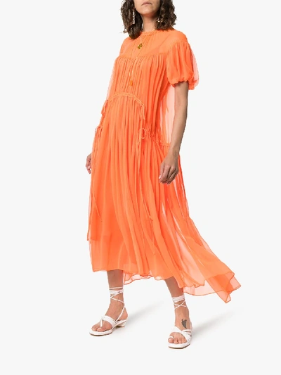 Shop Lee Mathews Emily Ruched Detail Silk Maxi Dress In Neon Orange