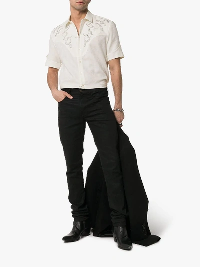 Shop Saint Laurent Western-style Short-sleeved Embroidered Cotton Shirt In 9601 Ecru