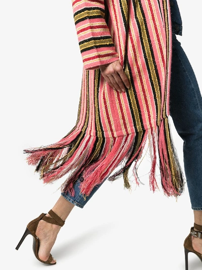 Shop Alanui Baja Stripes Fringe Cardigan In Powder Pink Multi