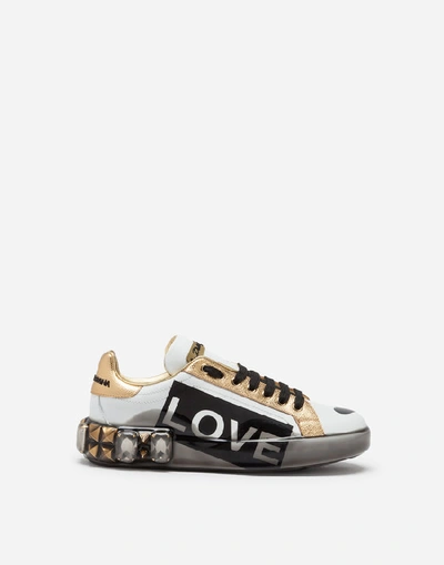 Shop Dolce & Gabbana Portofino Melt Sneakers In Printed Nappa Leather In White/grey