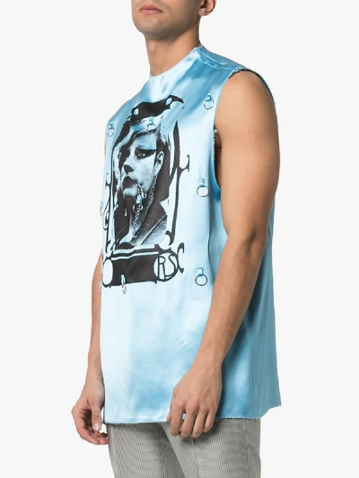 Shop Raf Simons Graphic Print Hoop Embellished Sleeveless Satin T-shirt In Blue
