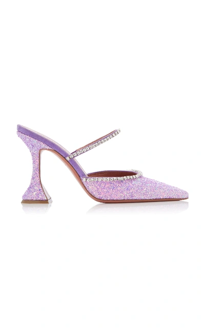 Shop Amina Muaddi Gilda Crystal-embellished Glittered-leather Mules In Purple