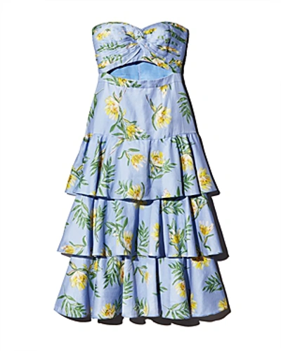 Shop Amur Radiant Floral Strapless Dress In Cornflower