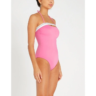 Calvin Klein Bandeau Logo-trim Swimsuit In 658 Phlox Pink | ModeSens