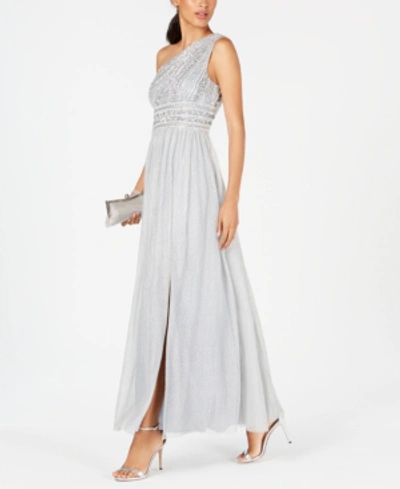 Shop Adrianna Papell One-shoulder Beaded Lace Gown In Blue