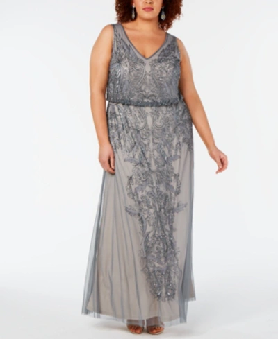 Shop Adrianna Papell Plus Size Beaded Blouson Gown In Pewter/silver