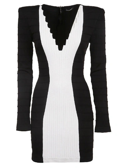 Shop Balmain Knitted Dress In Eab Noir/blanc