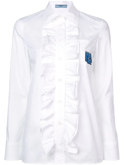 Shop Prada Logo Patch Ruffled Shirt - White