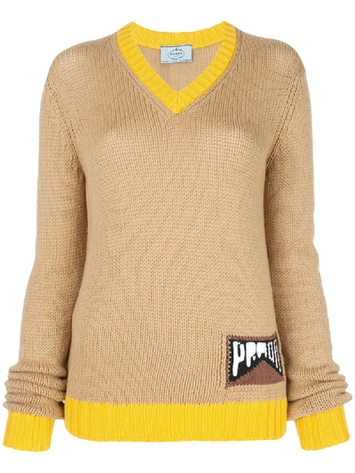 Shop Prada Contrast Logo Sweater - Brown