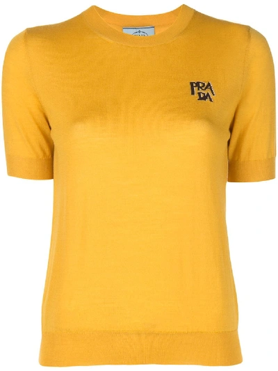 Shop Prada Intarsia Logo Knitted Top - Yellow