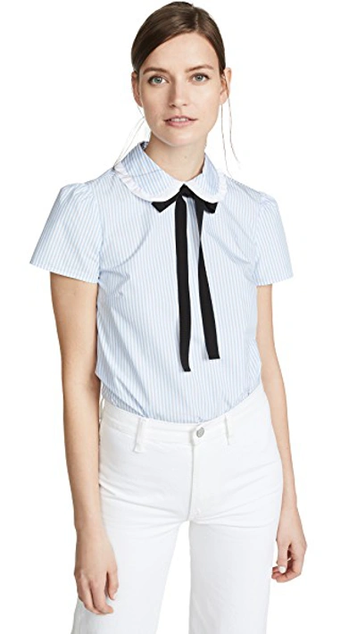 Shop Red Valentino Short Sleeve Tie Neck Blouse In Nuvola