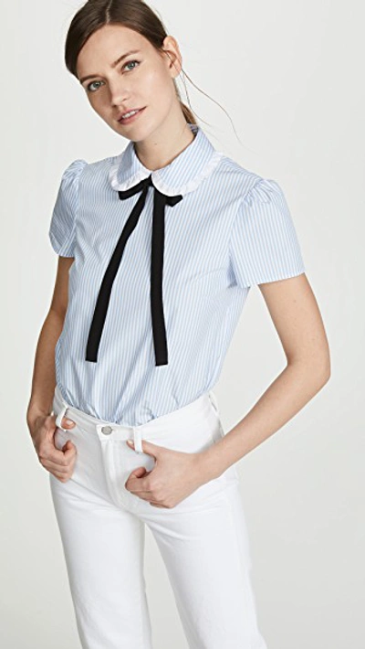 Shop Red Valentino Short Sleeve Tie Neck Blouse In Nuvola