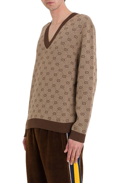Shop Gucci Gg Jacquard Knit V-neck Sweater In Beige