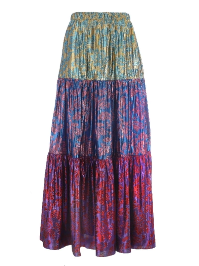 Shop Gucci Brocade Pleated Skirt In Gold Blue