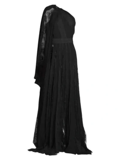 Shop Elie Saab Lace One-shoulder Cape Gown In Black