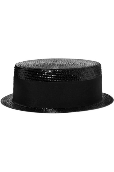 Shop Saint Laurent Cotton-faille Trimmed Coated Faux Raffia Hat In Black