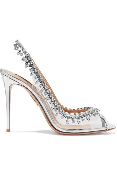 Shop Aquazzura Temptation 105 Embellished Metallic Leather And Pvc Slingback Pumps In Silver