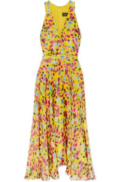 Shop Saloni Rita Wrap-effect Floral-print Devoré-chiffon Midi Dress In Yellow