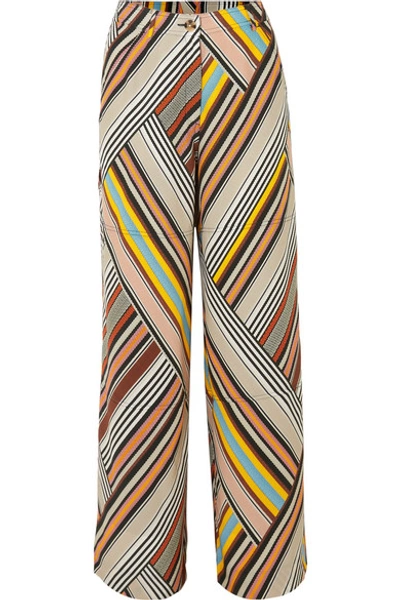 Shop Tory Burch Sylvan Striped Silk-satin Wide-leg Pants In Brown