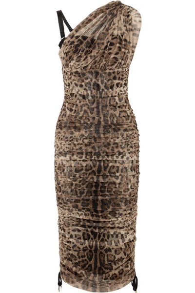 Shop Dolce & Gabbana One-shoulder Lace-up Leopard-print Mesh Dress In Leopard Print