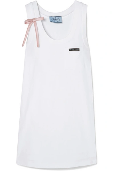 Shop Prada Bow-detailed Appliquéd Cotton-jersey Mini Dress In White